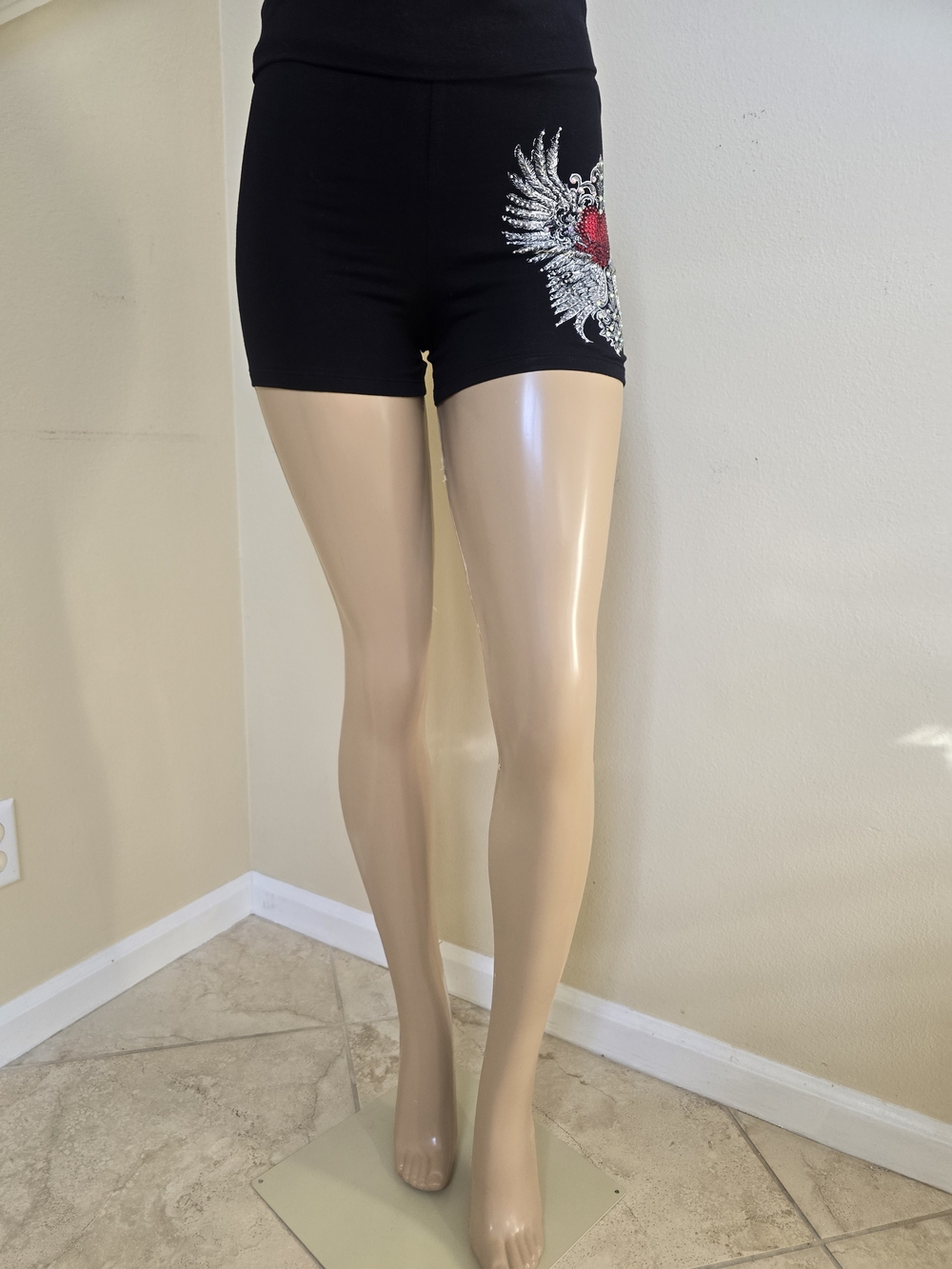 Black Women's Embellished Heart Wing Stretch Shorts